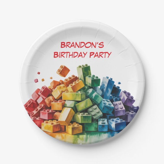 Colourful Building Blocks Explosion Birthday Party Paper Plate (Front)
