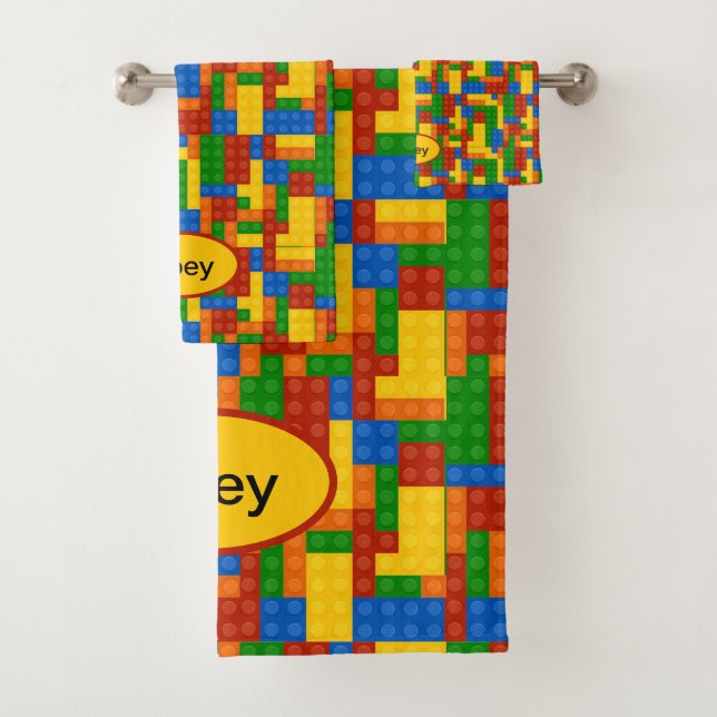 Colourful Building Bricks Kids Personalized Bath Towel Set (Insitu)