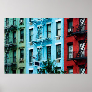 Colourful buildings with Fire escapes Poster