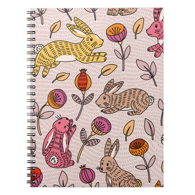 Colourful Bunnies: Cute Floral Vintage. Notebook (Front)