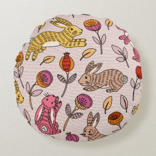 Colourful Bunnies: Cute Floral Vintage. Round Pillow