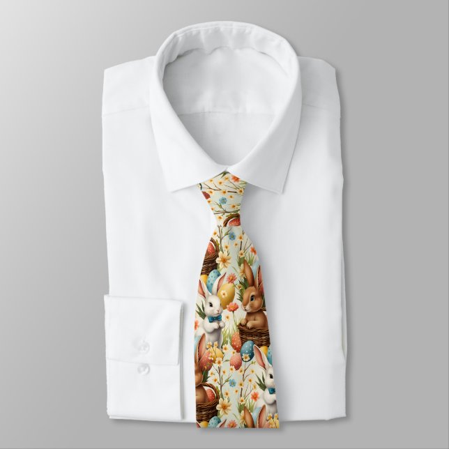 Colourful Bunnies Easter Eggs & Flowers Pattern Tie (Tied)