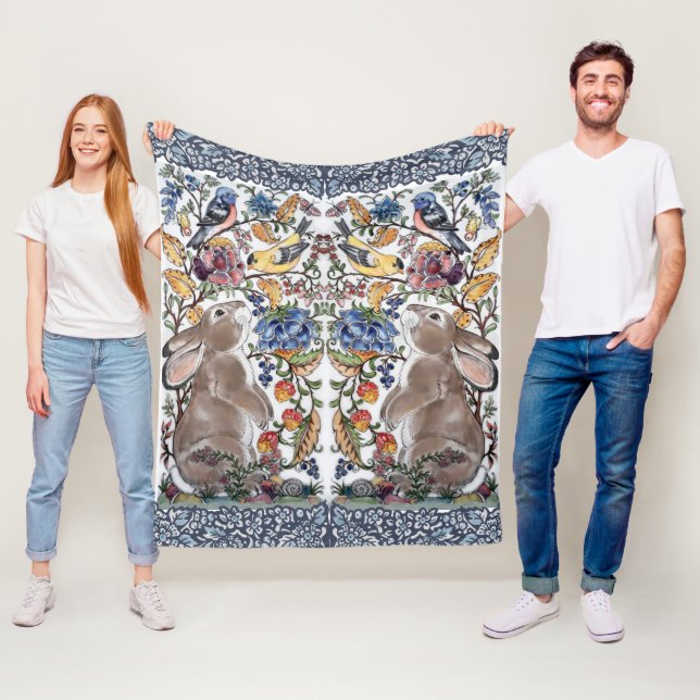 Colourful Bunny Rabbit Jacobean Floral Bird Ornate Fleece Blanket (In Situ)