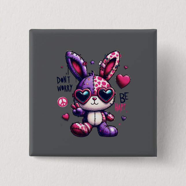 Colourful Bunny with Peace Symbol Design  2 Inch Square Button (Front)