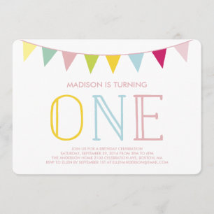 Colourful Bunting First Birthday Invitation