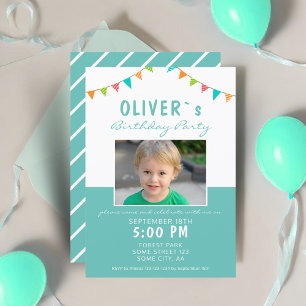 Colourful Bunting Flags Blue Photo Birthday Party Invitation