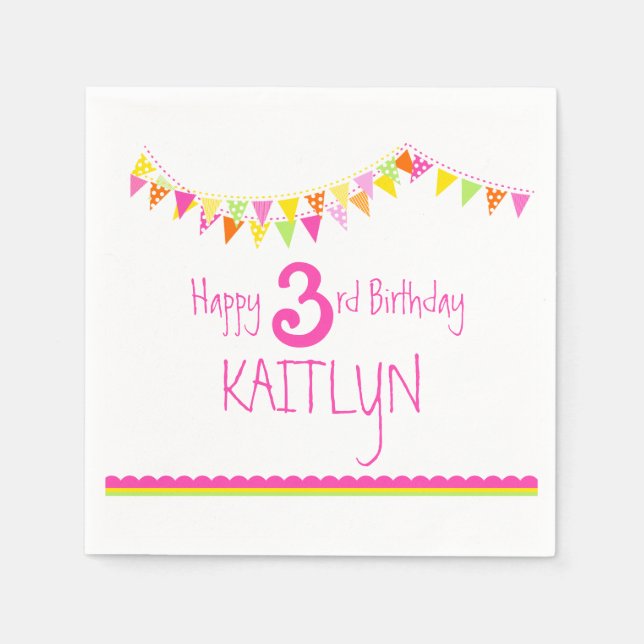 Colourful bunting kids 3rd birthday custom napkins (Front)