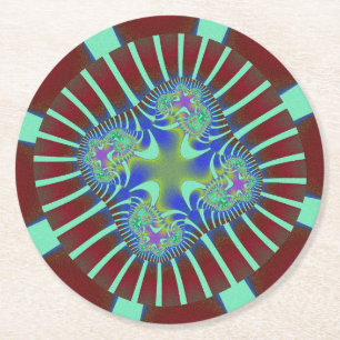 Colourful Burgundy and Mint Green Fractal Round Paper Coaster