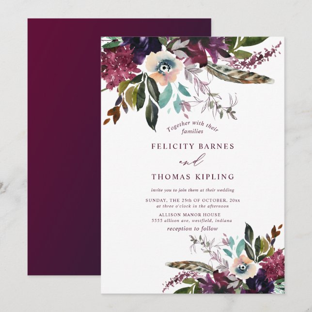Colourful Burgundy Watercolor Floral White Wedding Invitation (Front/Back)