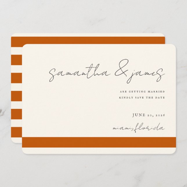 Colourful Burnt Orange Stripes Handwritten Script Save The Date (Front/Back)