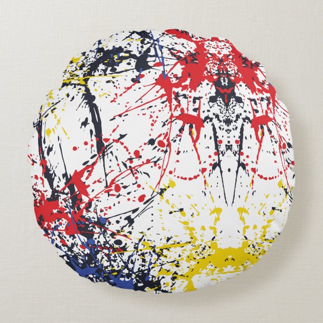 Colourful Burst: A Play of Random Splashes Round Pillow (Front)