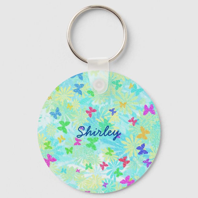Colourful Butterflies and Daisies by Shirley Taylo Keychain (Front)