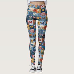 Colourful Butterflies And Wildflowers Patchwork Leggings