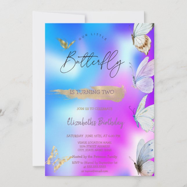 Colourful Butterflies Cool Holographic Birthday  Invitation (Front)