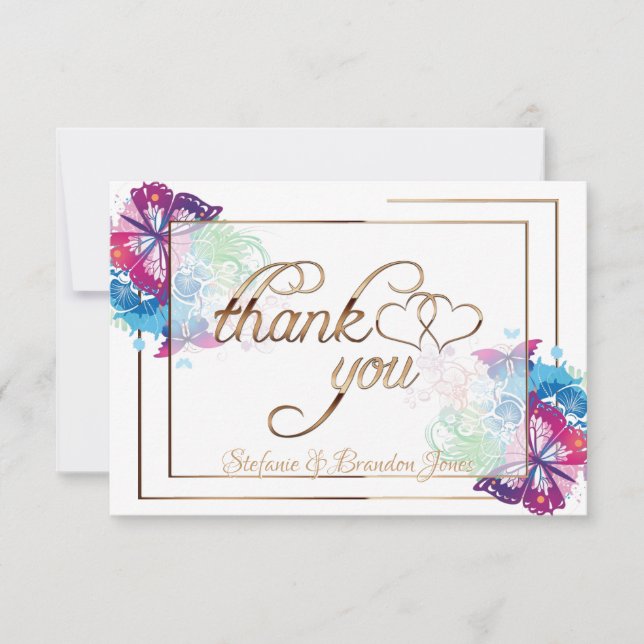 Colourful Butterflies & Floral/Gold Trim Thank You Card (Front)