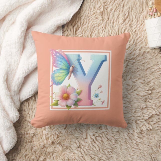 Colourful Butterflies - Floral - Letter Y Throw Pillow (Blanket)