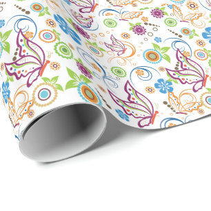 Colourful Butterflies & Flowers Pattern Monogramed Wrapping Paper