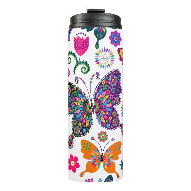 Colourful Butterflies & Flowers Pattern Thermal Tumbler (Front)