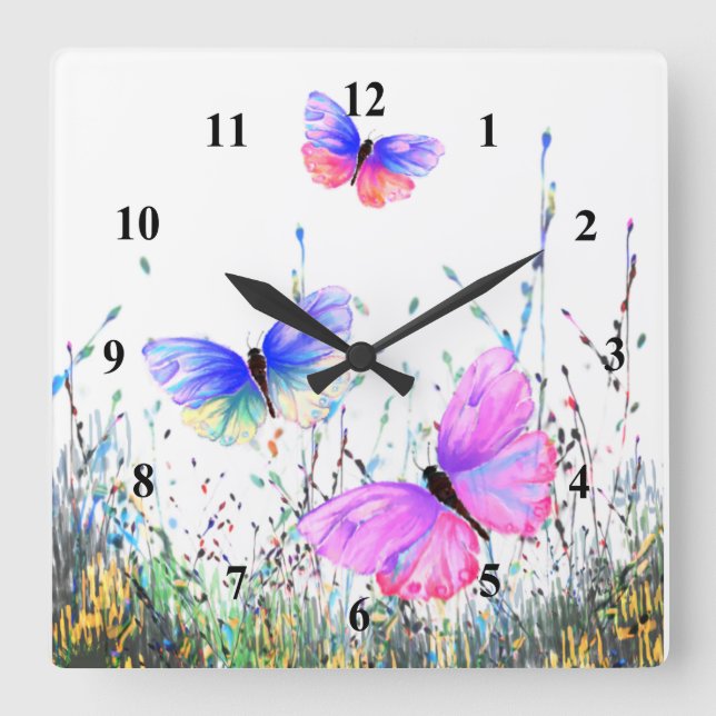 Colourful Butterflies Flying in Nature - Spring Jo Square Wall Clock (Front)