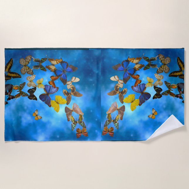 Colourful Butterflies Flying over Blue Clouds Beach Towel (Front)