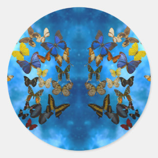 Colourful Butterflies Flying Over Blue Clouds Rug Classic Round Sticker