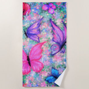 Colourful Butterflies Flying - Spring - Drawing Beach Towel