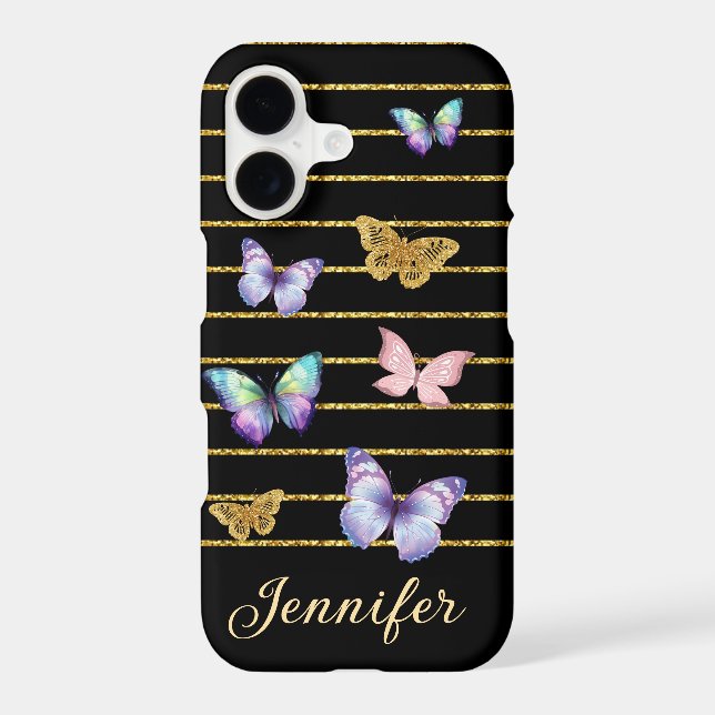 colourful butterflies gold lines personalized blac (Back)