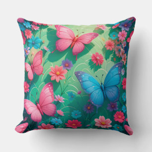 Colourful Butterflies in a Vibrant Flower Throw Pillow