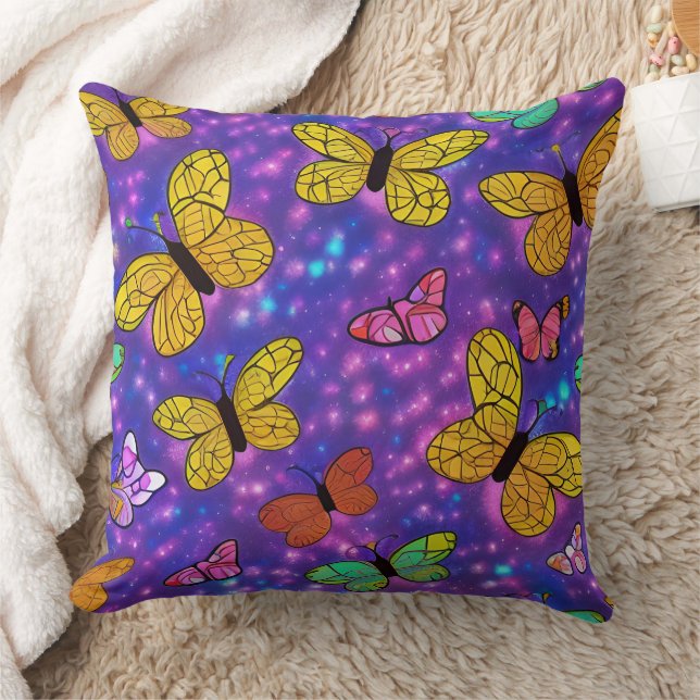 Colourful Butterflies & Neon Fireflies Throw Pillow (Blanket)
