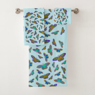 Colourful butterflies on baby blue - customizable  bath towel set