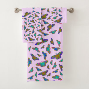 Colourful butterflies on baby Pink - customizable Bath Towel Set