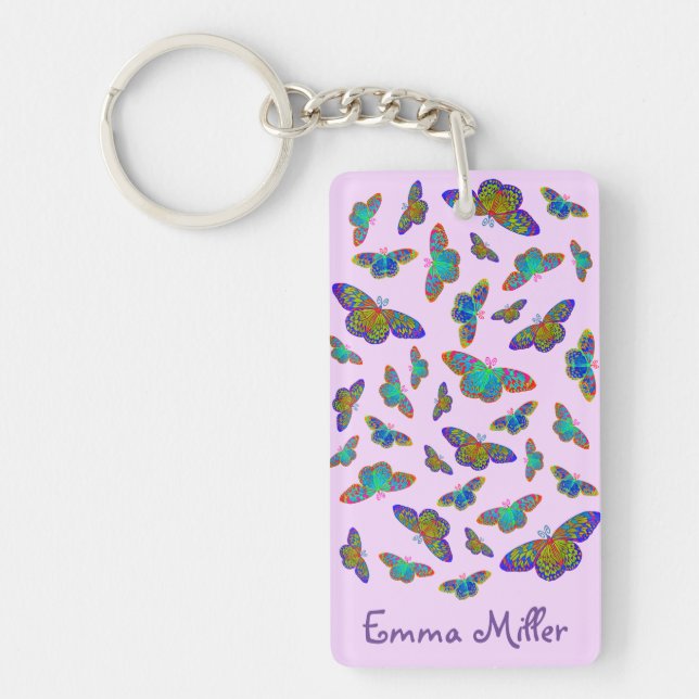 Colourful butterflies on baby pink  keychain (Front)