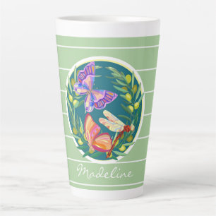 Colourful butterflies on green, personalized latte mug
