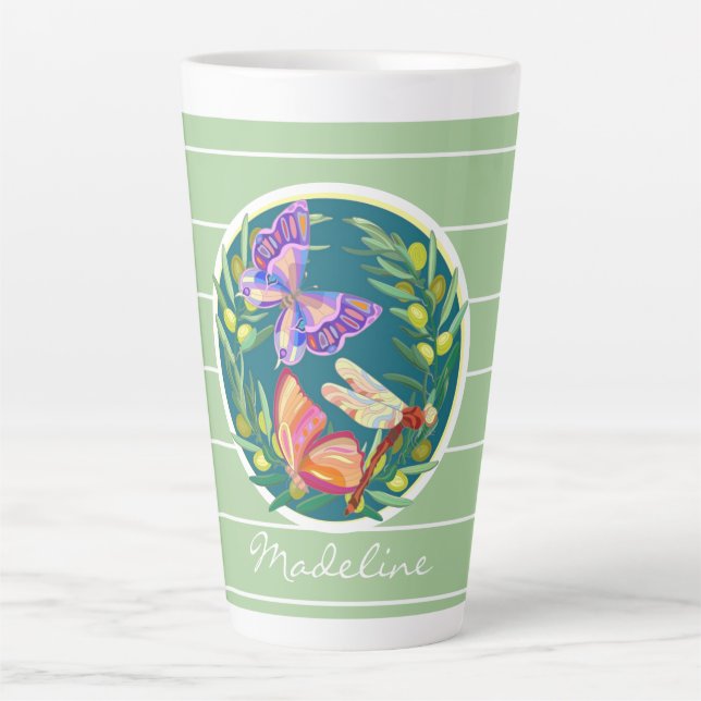 Colourful butterflies on green, personalized latte mug (Front)