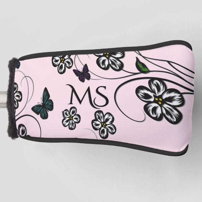 Colourful Butterflies on Pink Flowers Personal Golf Head Cover (Front)