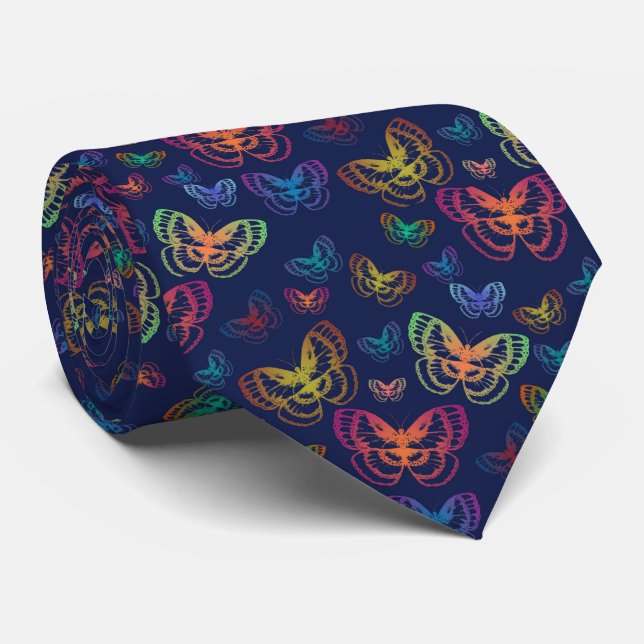 Colourful Butterflies Pattern Blue Tie (Rolled)
