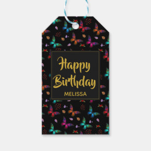 Colourful Butterflies Pattern on Black Birthday Gift Tags