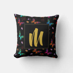 Colourful Butterflies Pattern on Black Monogram Throw Pillow