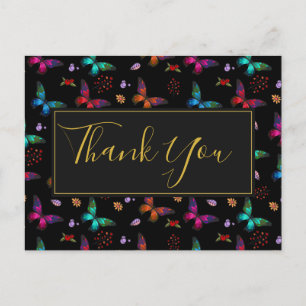 Colourful Butterflies Pattern on Black Party Thank Postcard