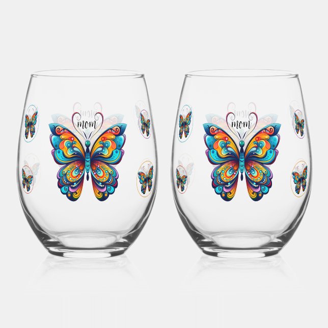 Colourful Butterflies | Personalized  Stemless Wine Glass (Front)