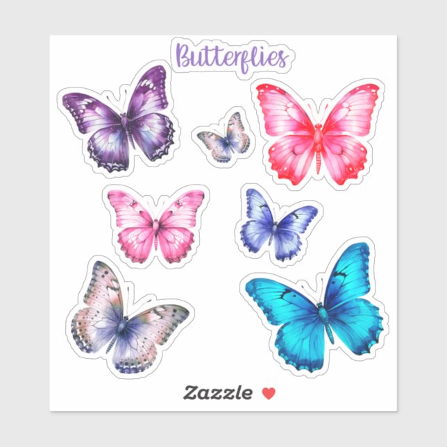 Colourful Butterflies Pink Blue Purple Vary Sizes (Sheet)