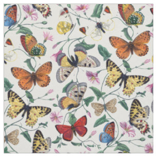Colourful Butterflies Pink Flowers & Green Leaves Fabric