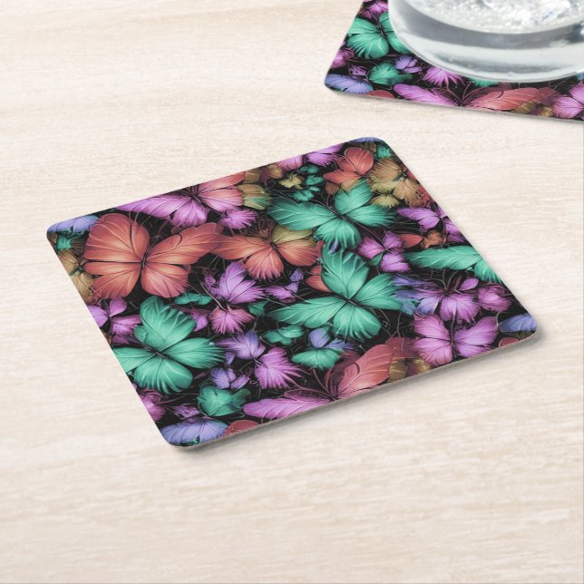 Colourful Butterflies Print Square Paper Coaster (Angled)