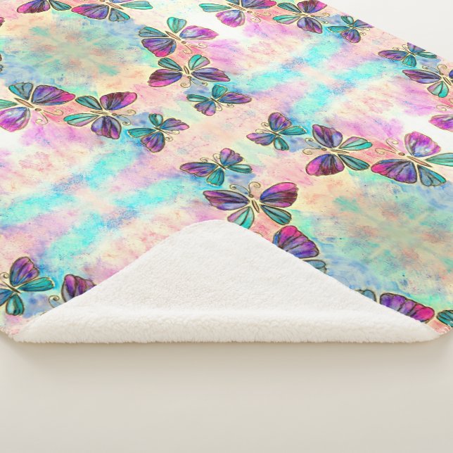 Colourful Butterflies Sherpa Blanket - Purple Pink (3/4)