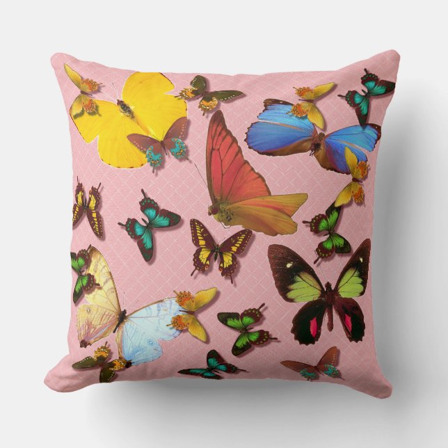 Colourful Butterflies Throw Pillow Pink Background (Front)