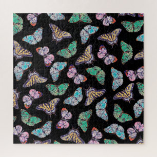 Colourful Butterflies Watercolor Painting Black Jigsaw Puzzle