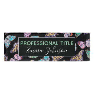 Colourful Butterflies Watercolor Painting Black Name Tag