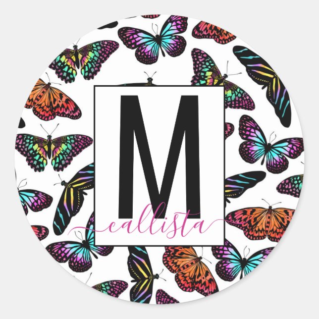 Colourful Butterflies Watercolor Pattern Monogram Classic Round Sticker (Front)