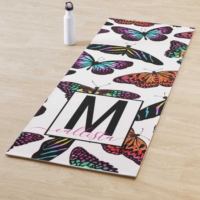 Colourful Butterflies Watercolor Pattern Monogram Yoga Mat (In Situ)