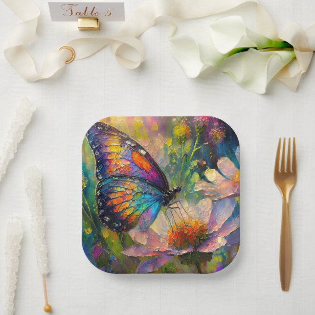 Colourful Butterfly and Wildflowers at Sunrise Paper Plate (Wedding)